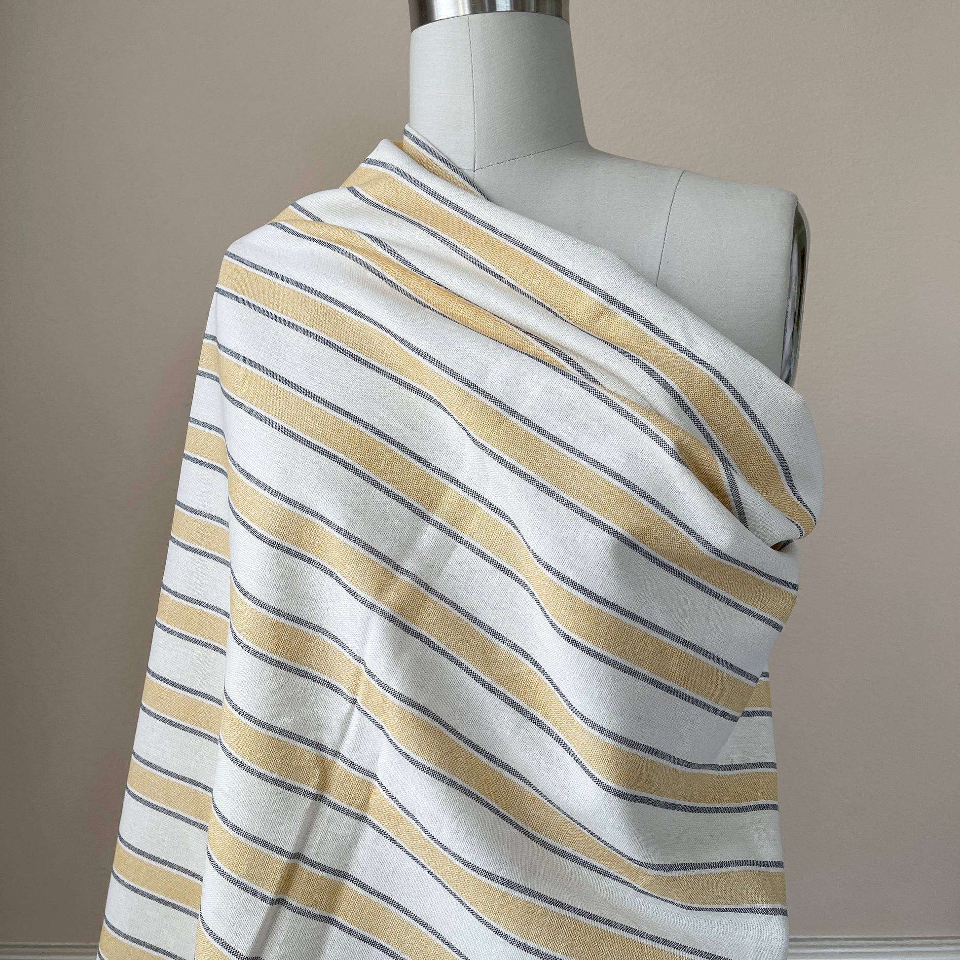 Linen Blend Stripe Shirting- White Mustard Navy CN5