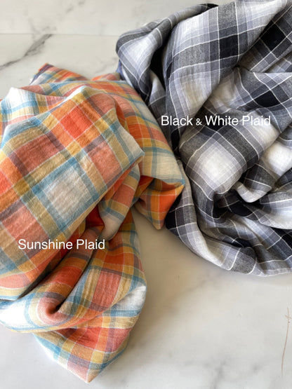 Cotton Plaid Muslin Fabric by The Yard - Blouse Shirt Dress Fabric for Sewing Clothing - Sunshine Plaid CN27, Black White plaid CN 37