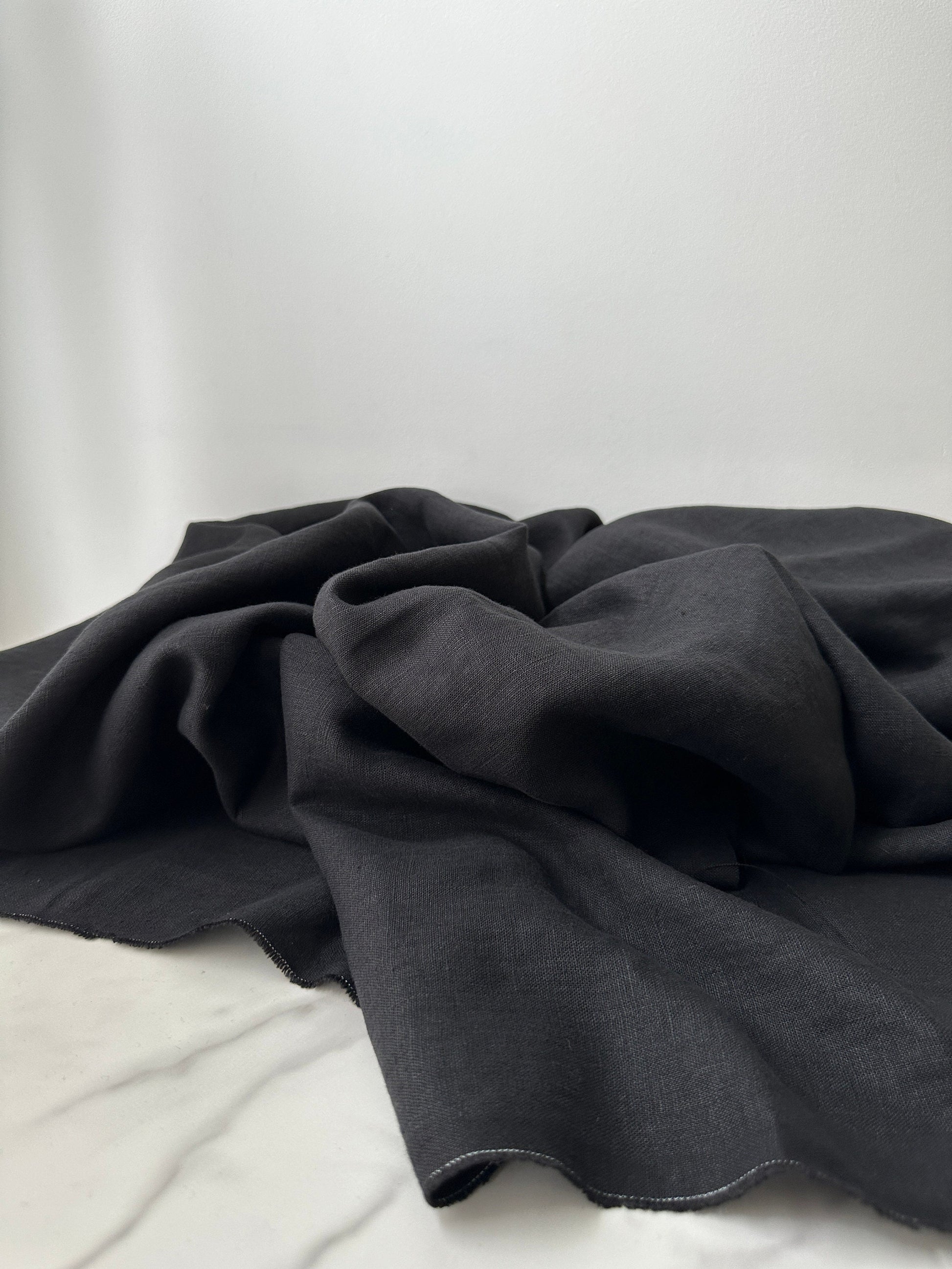 Linen Fabric by The Yard. Certified European Flax & OEKO-Tex 100. Mid weight Softened Woven Linen from U.S.A. Seller- Jet Black LN-JET