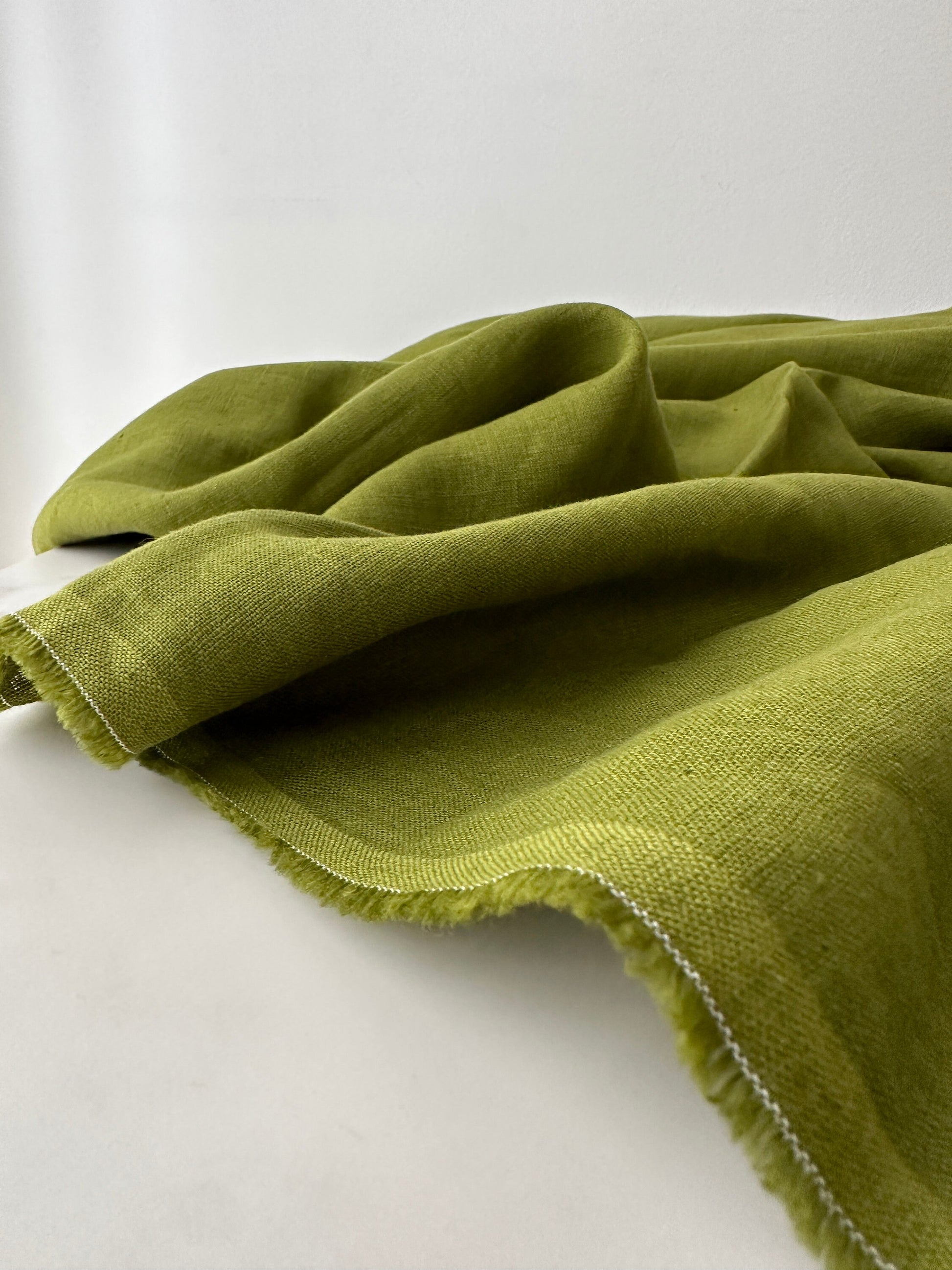 olive green linen fabric by the yard detail side view