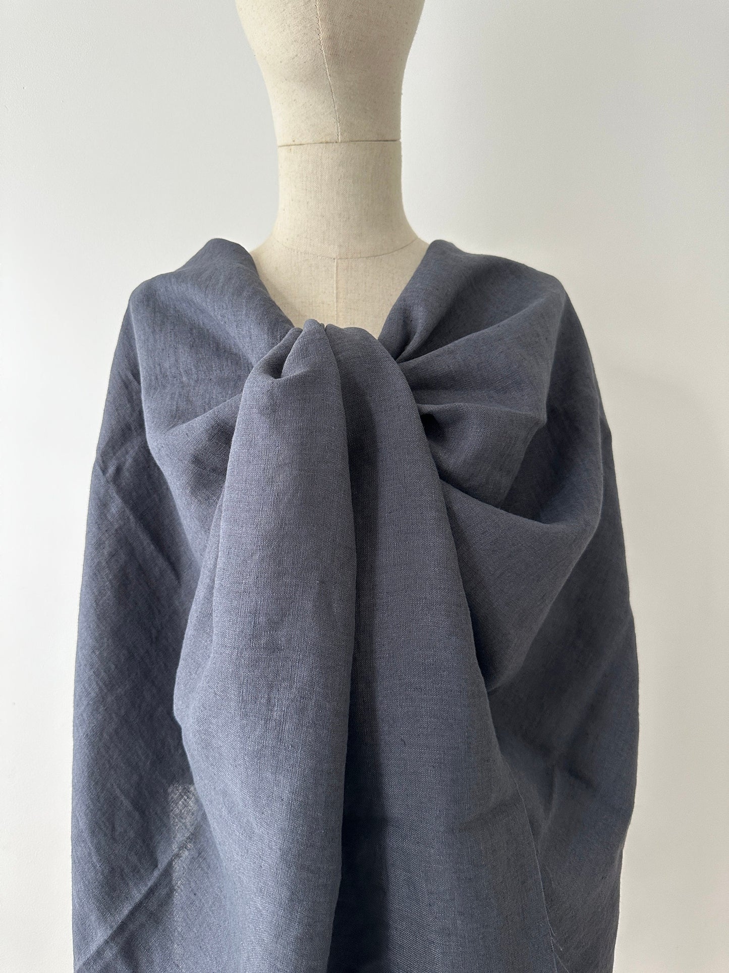 smoke gray linen fabric drapped on model