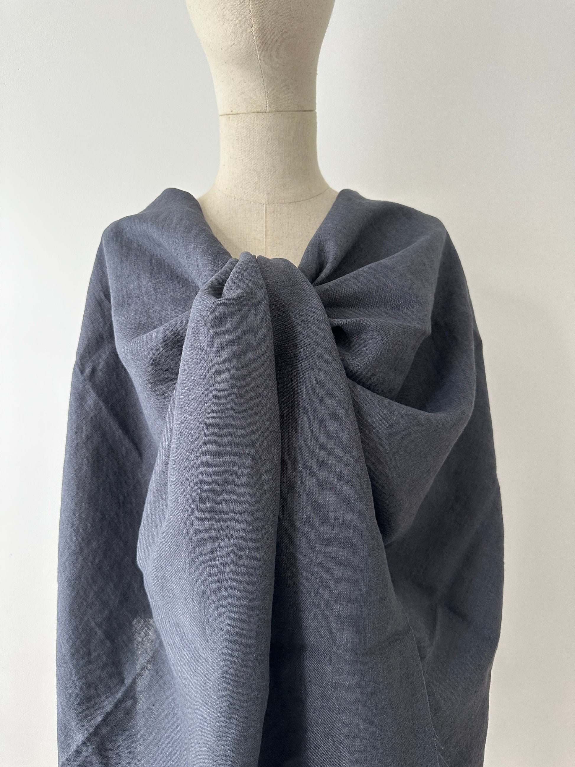 smoke gray linen fabric drapped on model