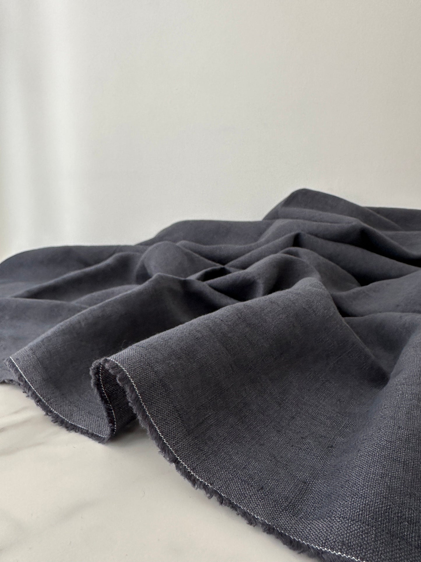 detail view of smoke gray European linen fabric
