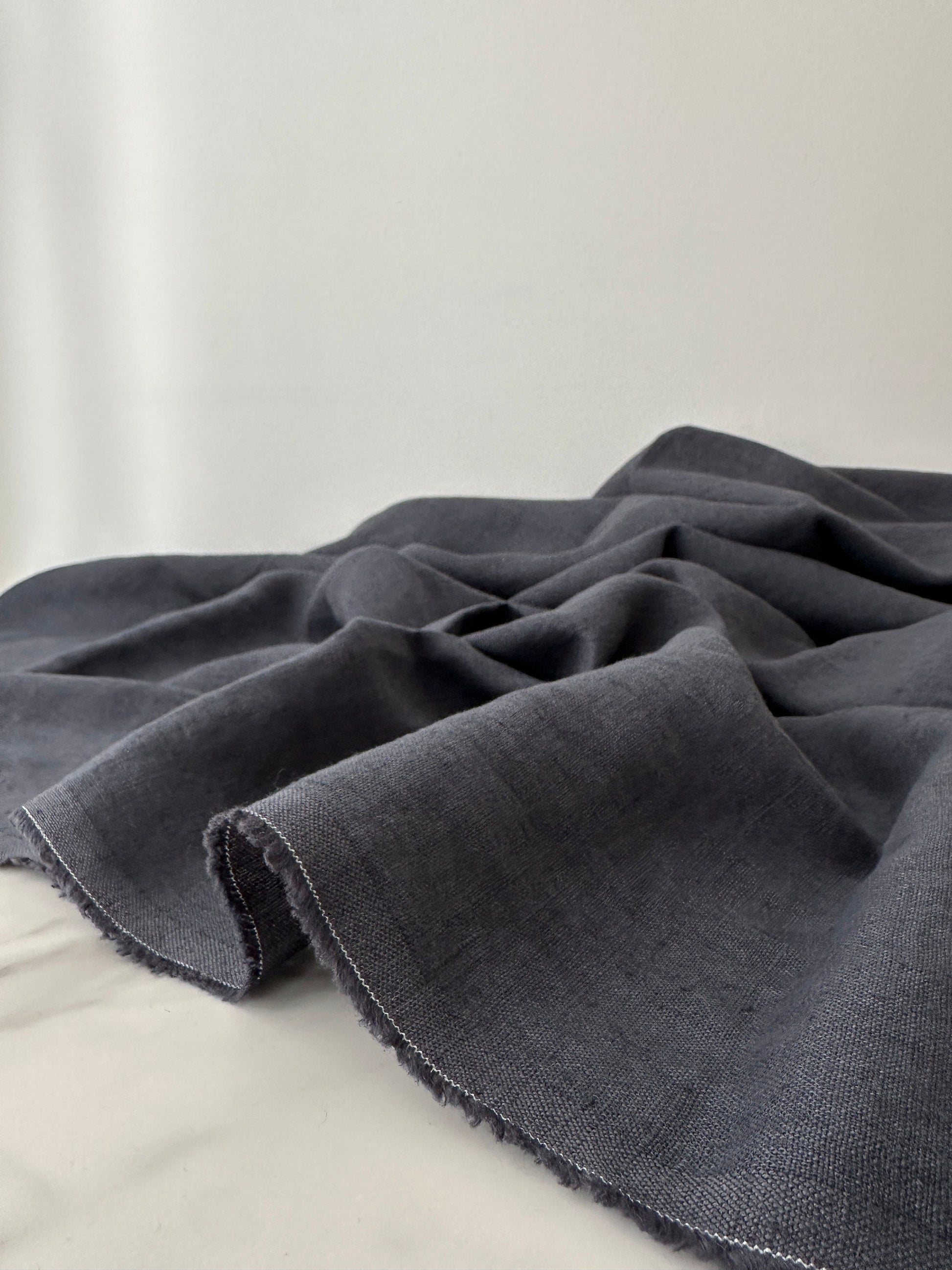 detail view of smoke gray European linen fabric